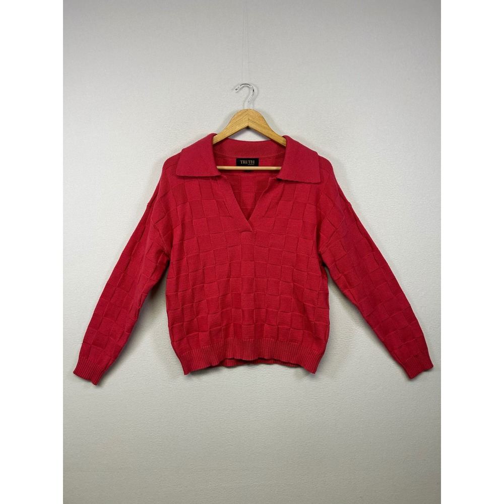 Preppy Dark Academia Truth by Republic Womens M Red Checkered Knit Polo Sweater